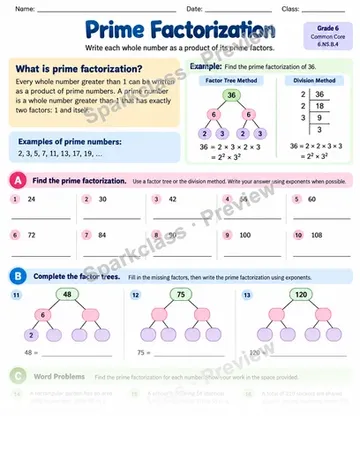 Prime Factorization — Grade 6 worksheet preview
