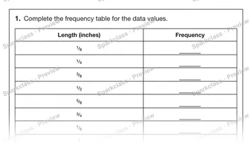 1. Complete the frequency table for the data values. Length (inches) Frequency 1 / 8 1 / 4 3 / 8 1 / 2 5 / 8 3 / 4 7 / 8 1 — Grade 5 problem preview