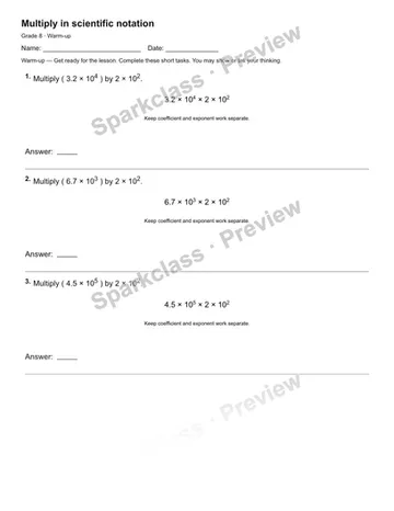 Multiply in scientific notation — Warm-up — Grade 8 worksheet preview