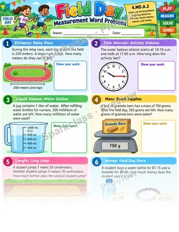 Measurement Word Problems · Field Day — Grade 4 worksheet preview