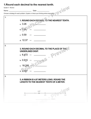 1.Round each decimal to the nearest tenth. — Review — Grade 5 worksheet preview