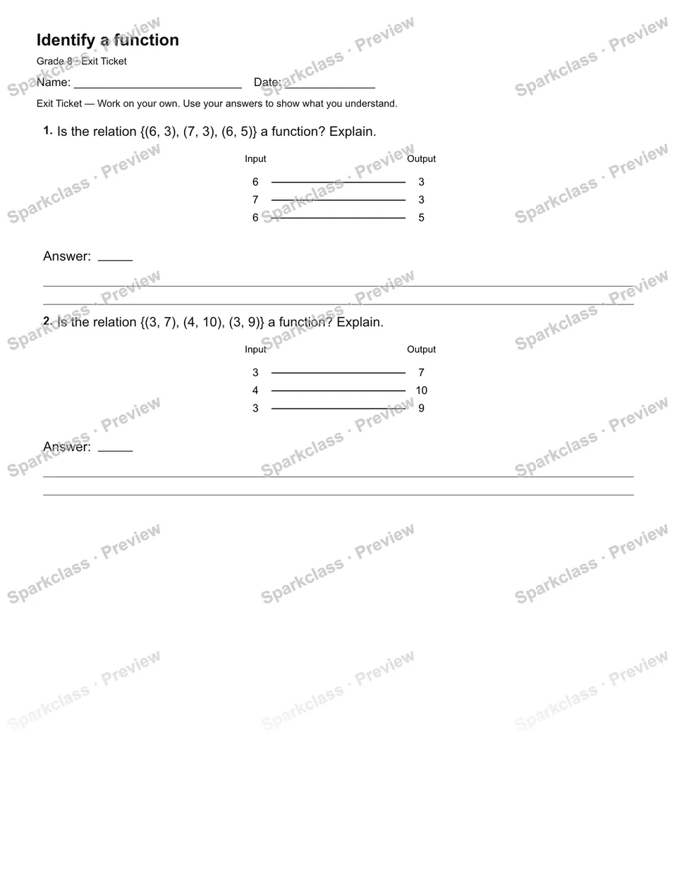 Identify a function — Exit Ticket — page 1