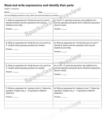 Read and write expressions and identify their parts — Homework — Grade 6 worksheet preview