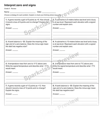 Interpret zero and signs — Review — Grade 6 worksheet preview