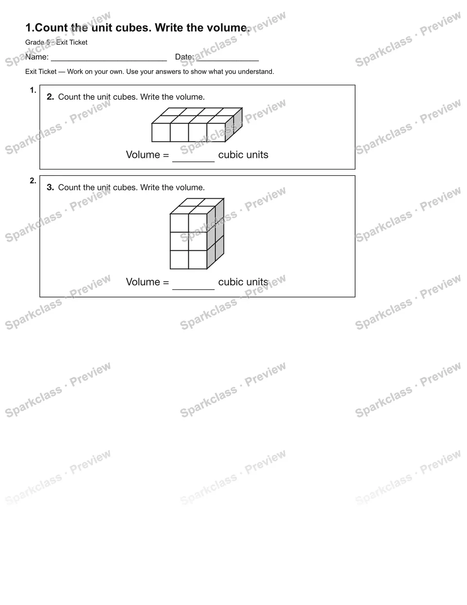 1.Count the unit cubes. Write the volume. — Exit Ticket — page 1