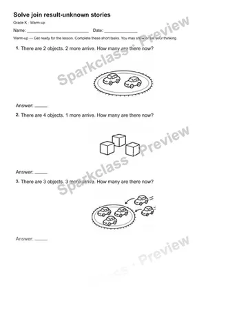 Solve join result-unknown stories — Warm-up — Kindergarten worksheet preview