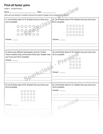 Find all factor pairs — Guided Practice — Grade 4 worksheet preview