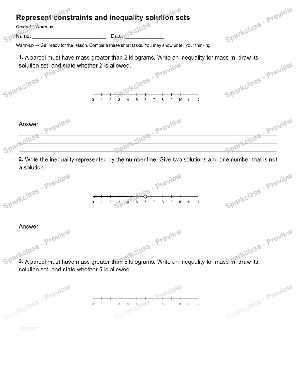 Represent constraints and inequality solution sets — Warm-up — page 2