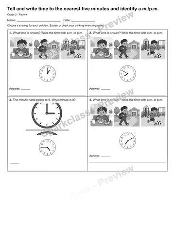 Tell and write time to the nearest five minutes and identify a.m./p.m. — Review — Grade 2 worksheet preview