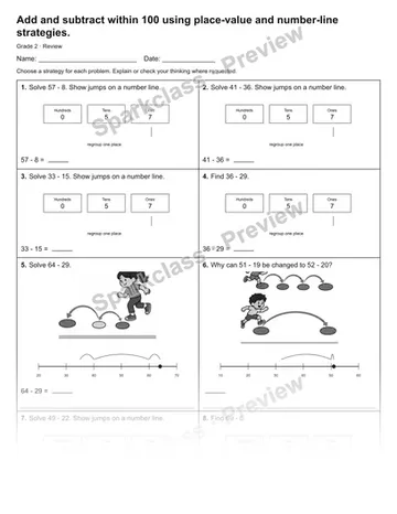 Add and subtract within 100 using place-value and number-line strategies. — Review — Grade 2 worksheet preview
