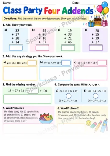 2.NBT.B.6 · Class Party Addends — Grade 2 worksheet preview