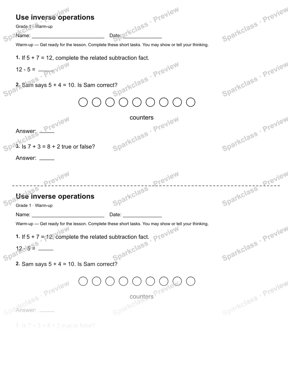 Use inverse operations — Warm-up — page 1