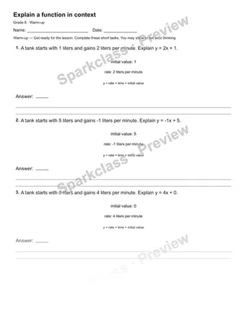 Explain a function in context — Warm-up — Grade 8 worksheet preview
