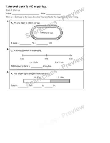 1.An oval track is 400 m per lap. — Warm-up — Grade 5 worksheet preview