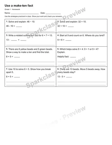 Use a make-ten fact — Homework — Grade 1 worksheet preview