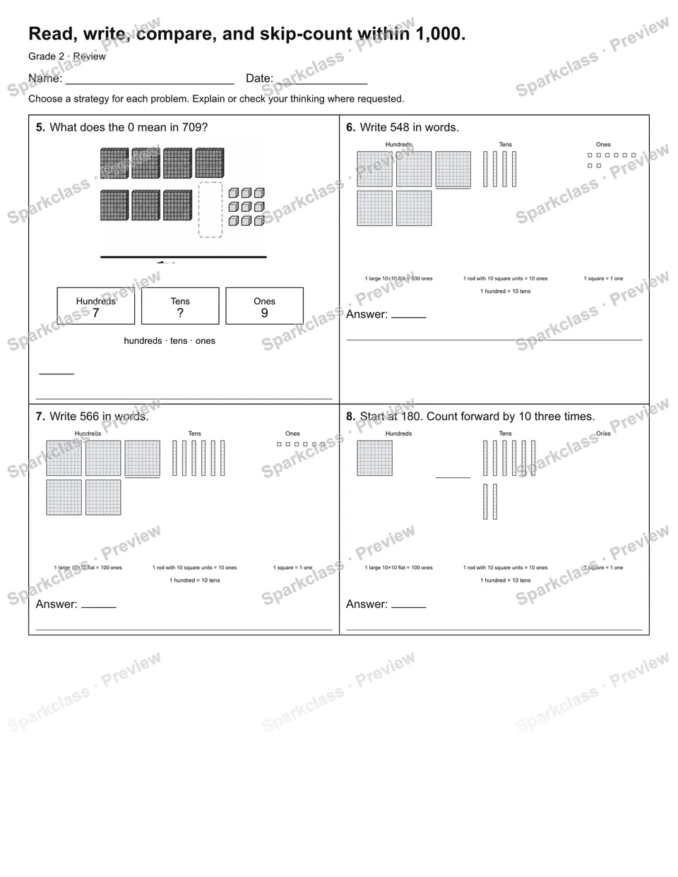 Read, write, compare, and skip-count within 1,000. — Review — page 2
