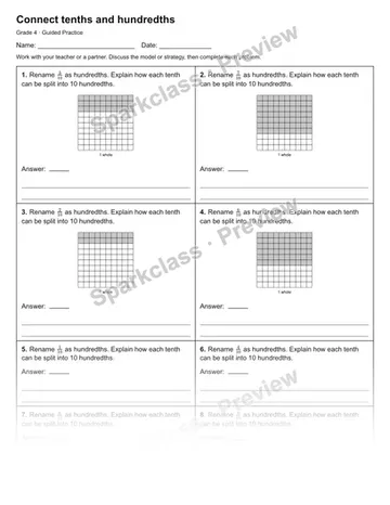 Connect tenths and hundredths — Guided Practice — Grade 4 worksheet preview