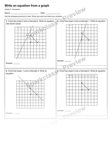 Write an equation from a graph — Homework — Grade 8 worksheet preview