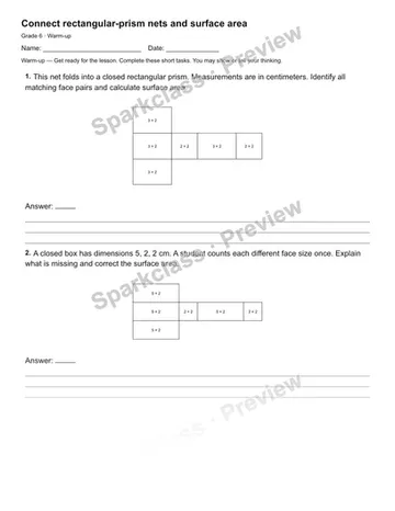 Connect rectangular-prism nets and surface area — Warm-up — Grade 6 worksheet preview