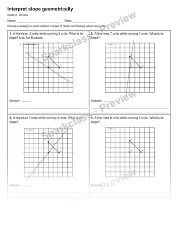 Interpret slope geometrically — Review — Grade 8 worksheet preview