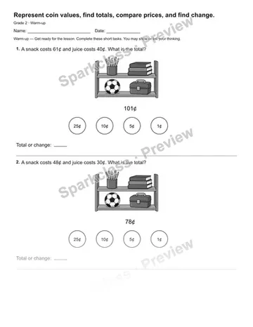 Represent coin values, find totals, compare prices, and find change. — Warm-up — Grade 2 worksheet preview