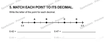 5. MATCH EACH POINT TO ITS DECIMAL. Write the letter of the point for each decimal. 0.4 0.5 A B C D 0.42 = 0.47 = 0.44 = 0.49 = — Grade 5 problem preview