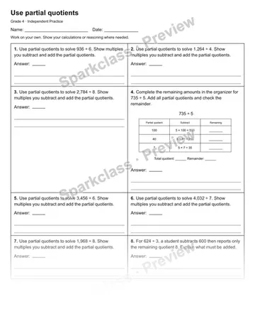 Use partial quotients — Independent Practice — Grade 4 worksheet preview