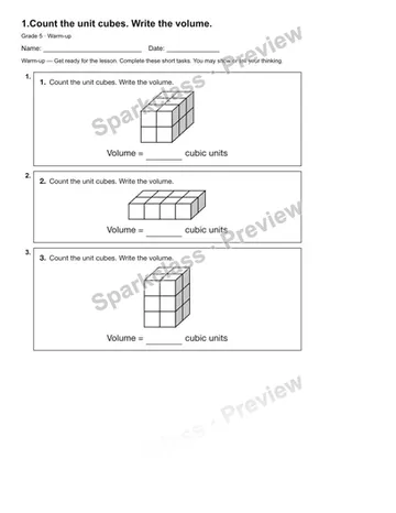 1.Count the unit cubes. Write the volume. — Warm-up — Grade 5 worksheet preview