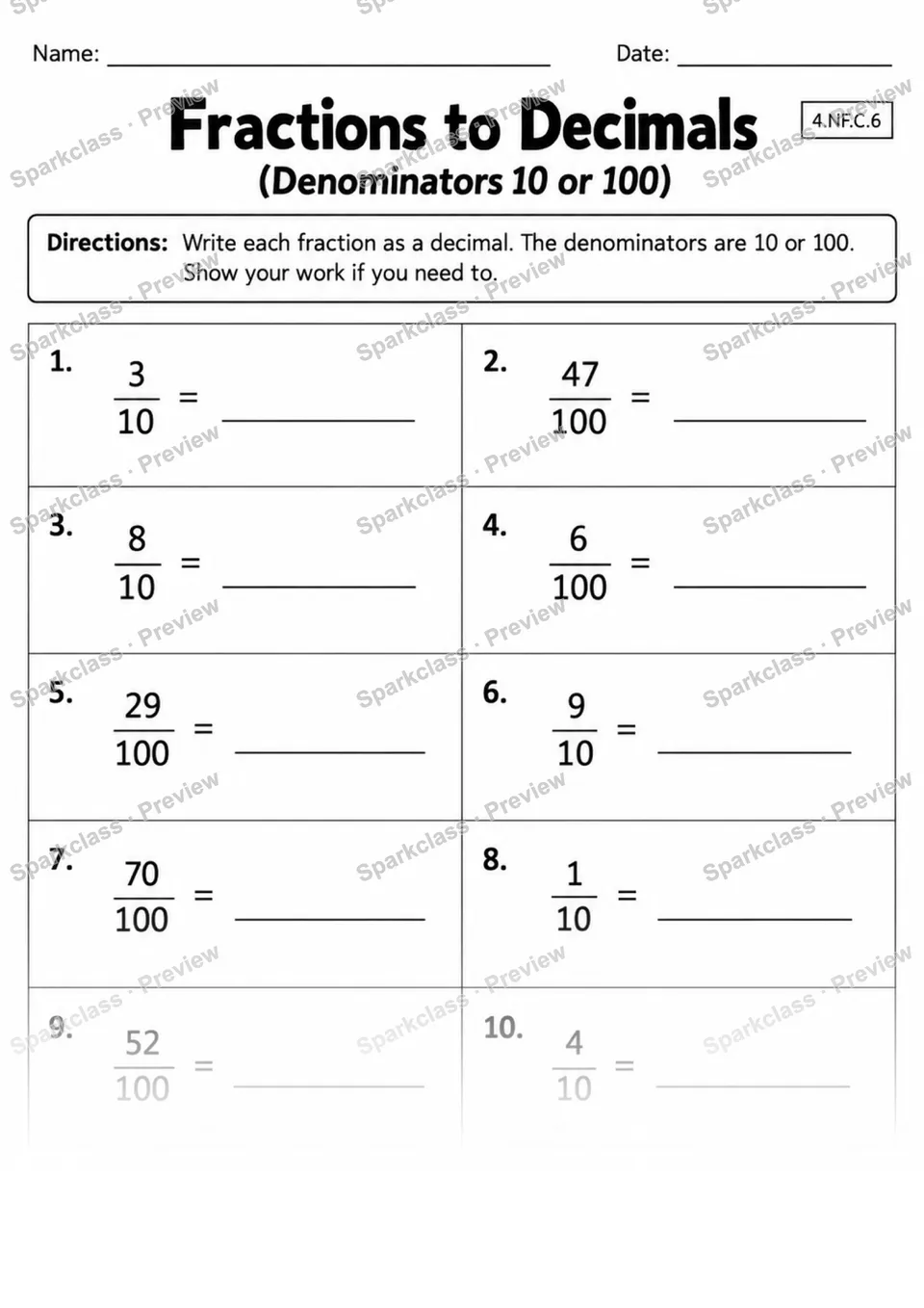4.NF.C.6 · 6 Decimal Fractions Variant 01 Lowcoverage — page 1