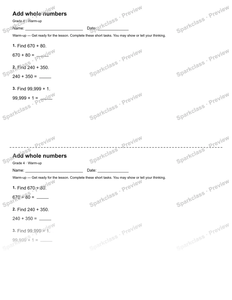 Add whole numbers — Warm-up — page 1