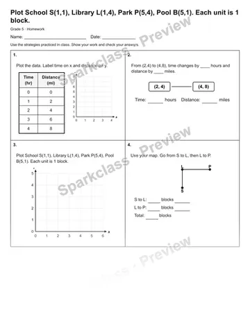 Plot School S(1,1), Library L(1,4), Park P(5,4), Pool B(5,1). Each unit is 1 block. — Homework — Grade 5 worksheet preview