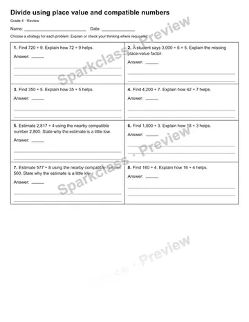 Divide using place value and compatible numbers — Review — Grade 4 worksheet preview