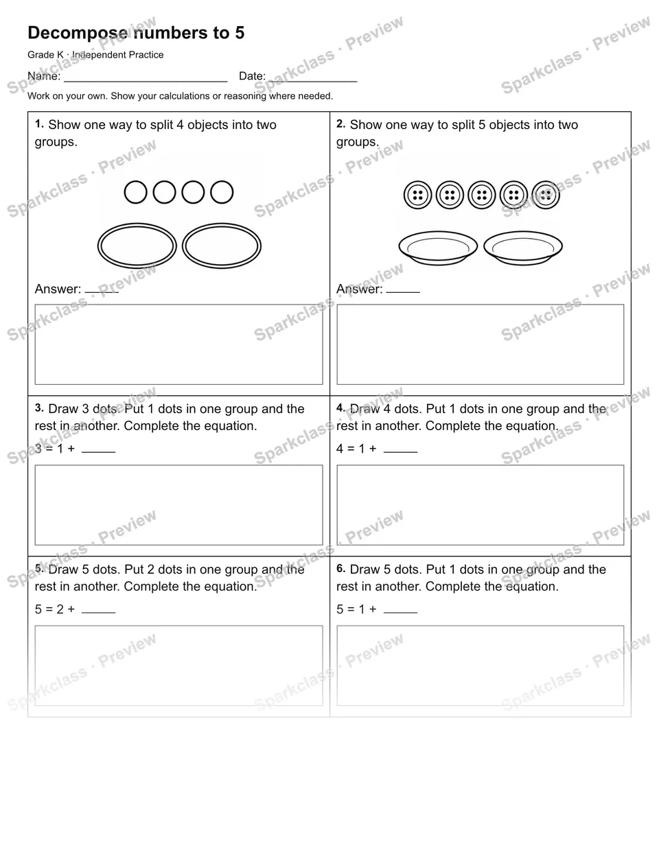 Decompose numbers to 5 — Independent Practice — page 1
