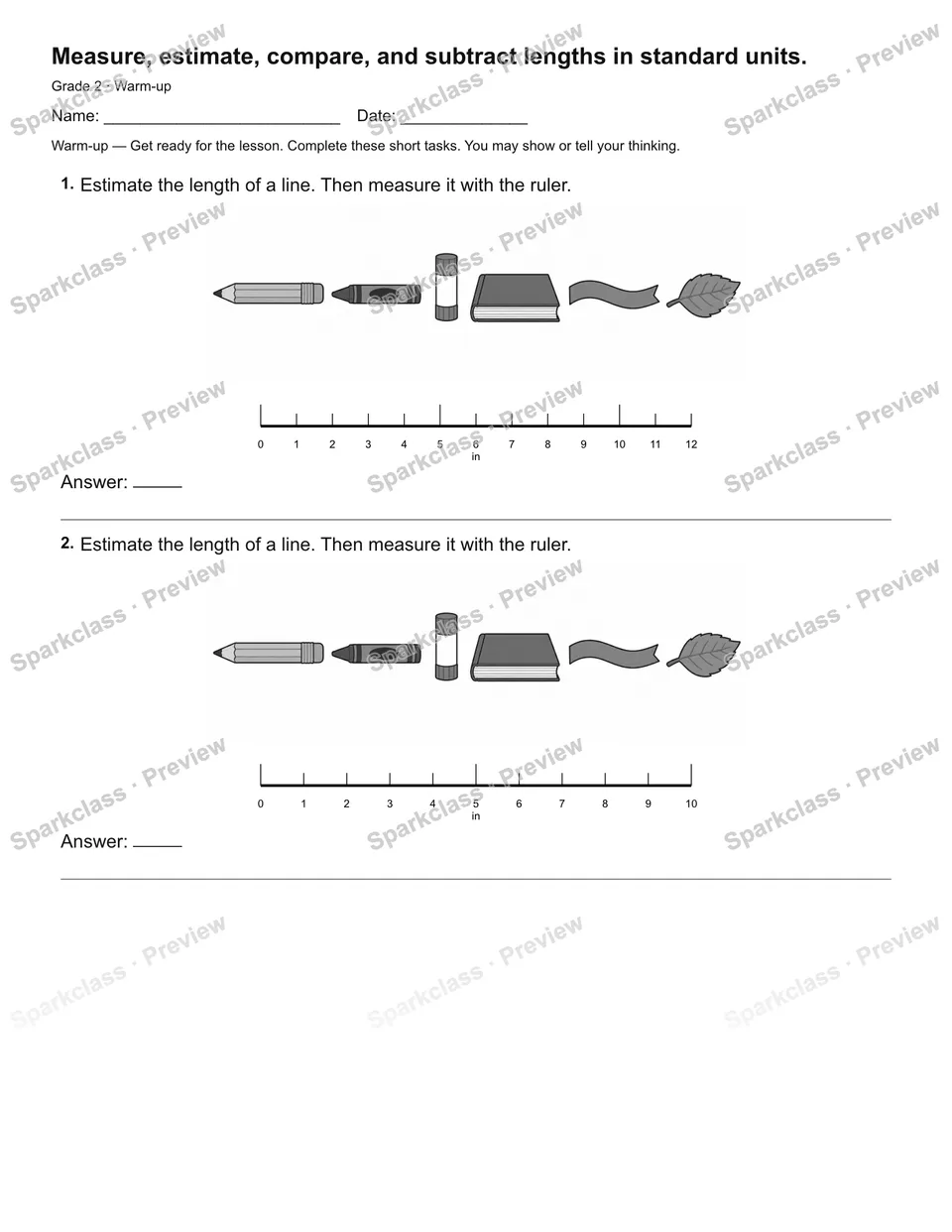 Measure, estimate, compare, and subtract lengths in standard units. — Warm-up — page 2