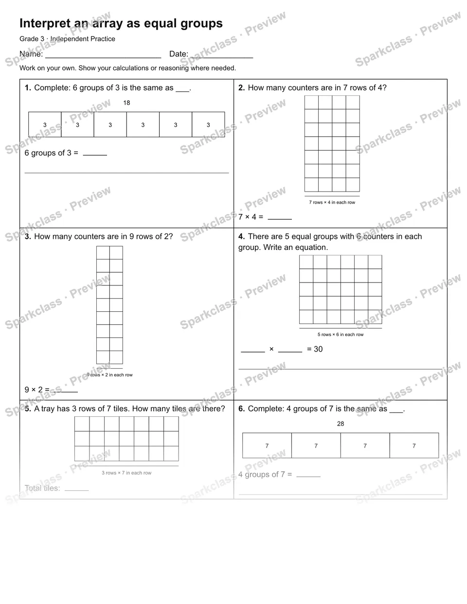 Interpret an array as equal groups — Independent Practice — page 1