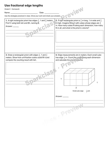 Use fractional edge lengths — Homework — Grade 6 worksheet preview