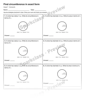 Find circumference in exact form — Homework — Grade 7 worksheet preview