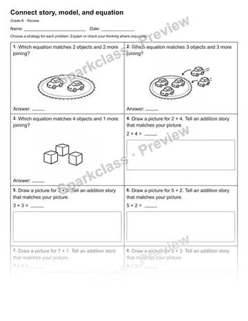 Connect story, model, and equation — Review — Kindergarten worksheet preview