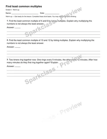 Find least common multiples — Warm-up — Grade 6 worksheet preview
