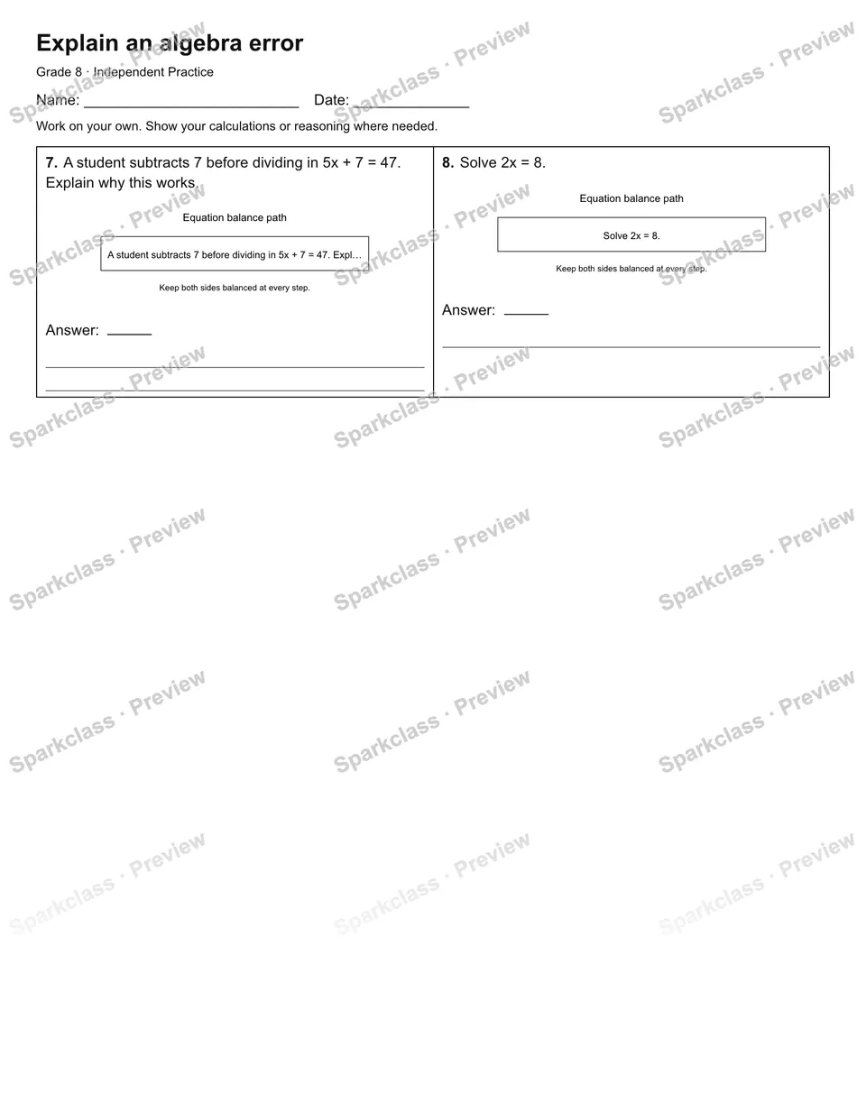 Explain an algebra error — Independent Practice — page 2