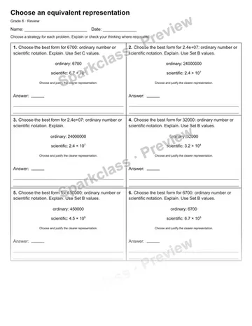 Choose an equivalent representation — Review — Grade 8 worksheet preview