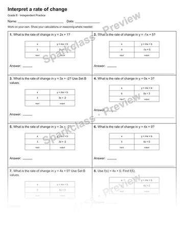 Interpret a rate of change — Independent Practice — Grade 8 worksheet preview