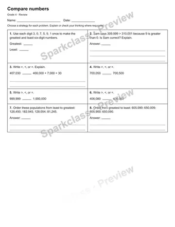 Compare numbers — Review — Grade 4 worksheet preview