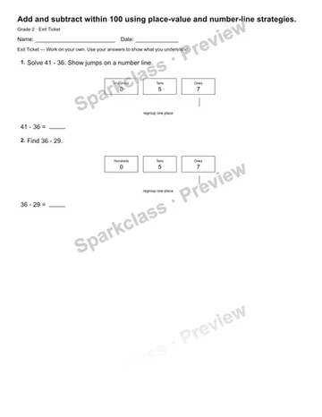 Add and subtract within 100 using place-value and number-line strategies. — Exit Ticket — Grade 2 worksheet preview