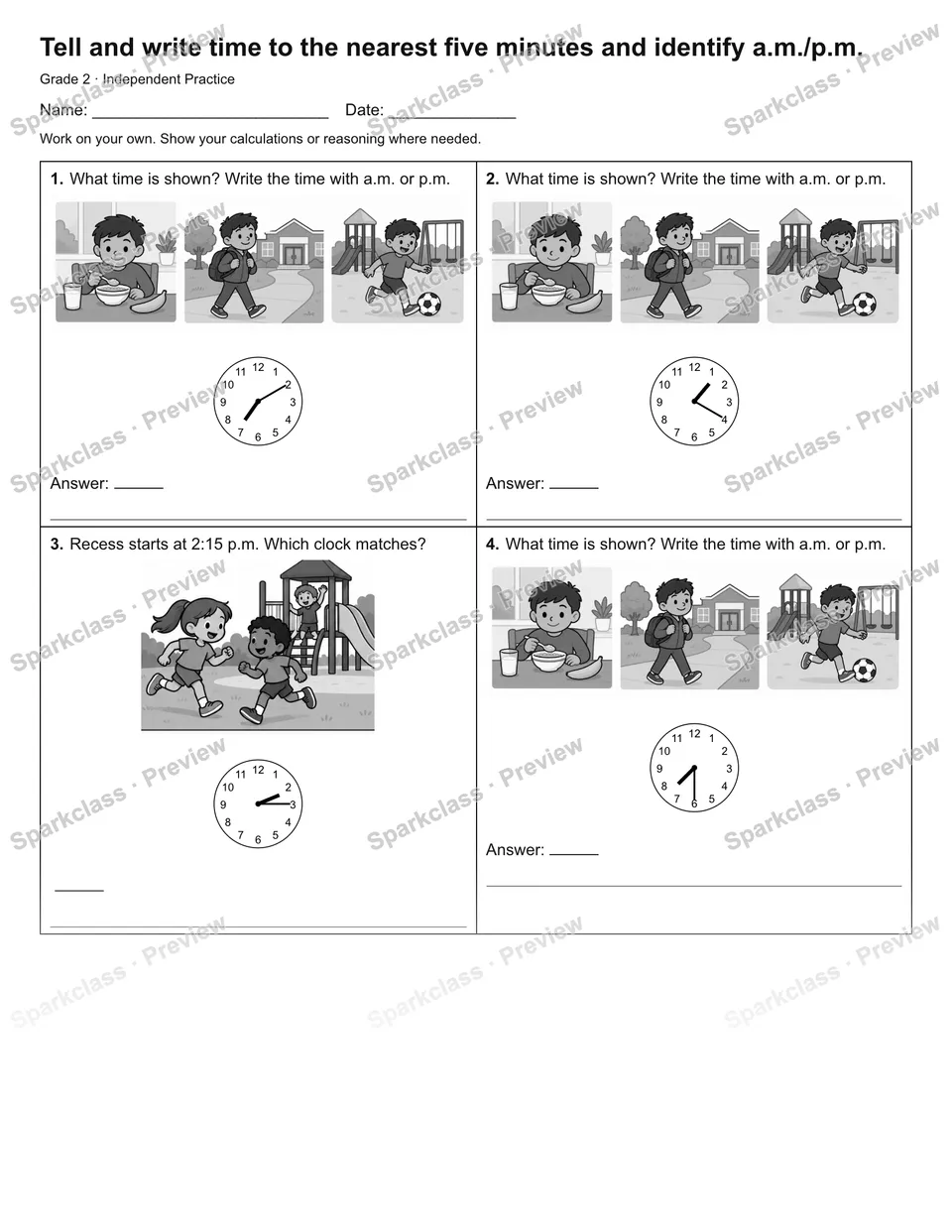 Tell and write time to the nearest five minutes and identify a.m./p.m. — Independent Practice — page 1