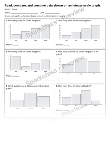 Read, compare, and combine data shown on an integer-scale graph. — Review — Grade 2 worksheet preview