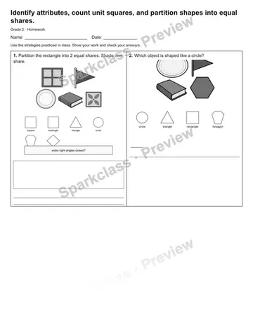 Identify attributes, count unit squares, and partition shapes into equal shares. — Homework — Grade 2 worksheet preview