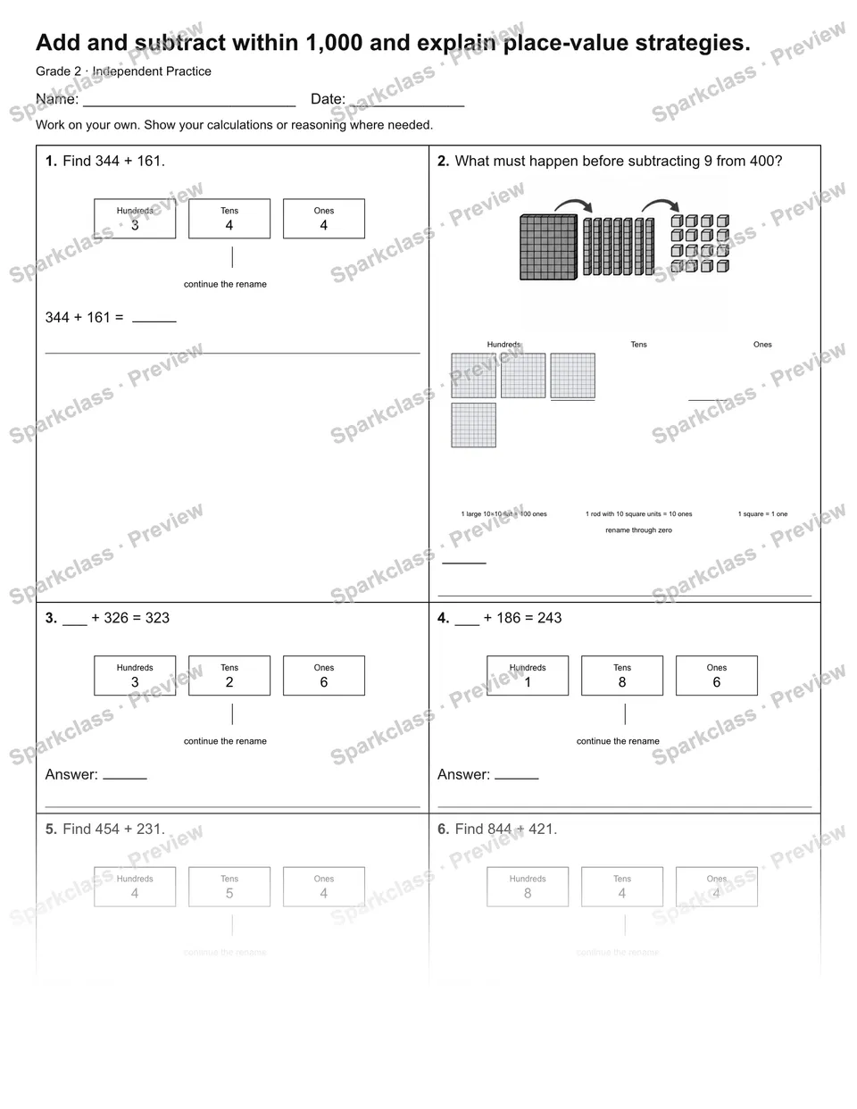 Add and subtract within 1,000 and explain place-value strategies. — Independent Practice — page 1