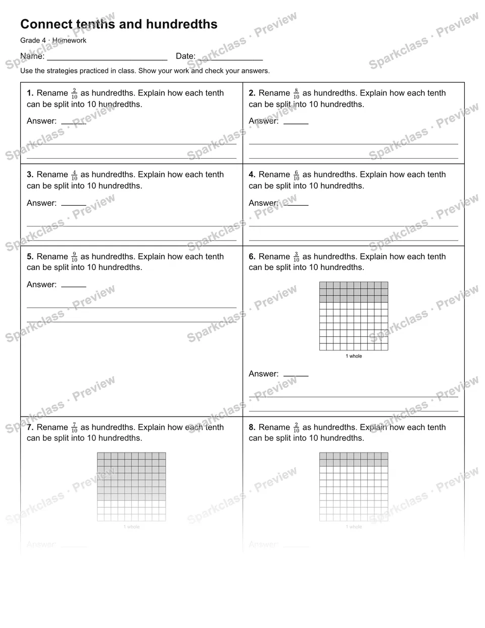 Connect tenths and hundredths — Homework — page 1