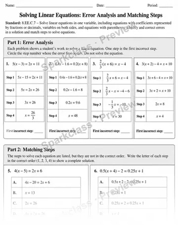 8.EE.C.7 · 7 Error Analysis Matching Final — Grade 8 worksheet preview